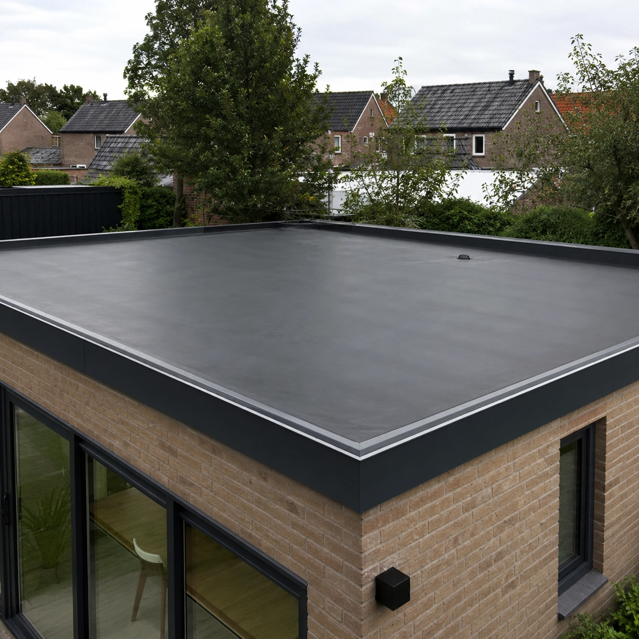 Glad EPDM-dak op een aanbouw naast een woning