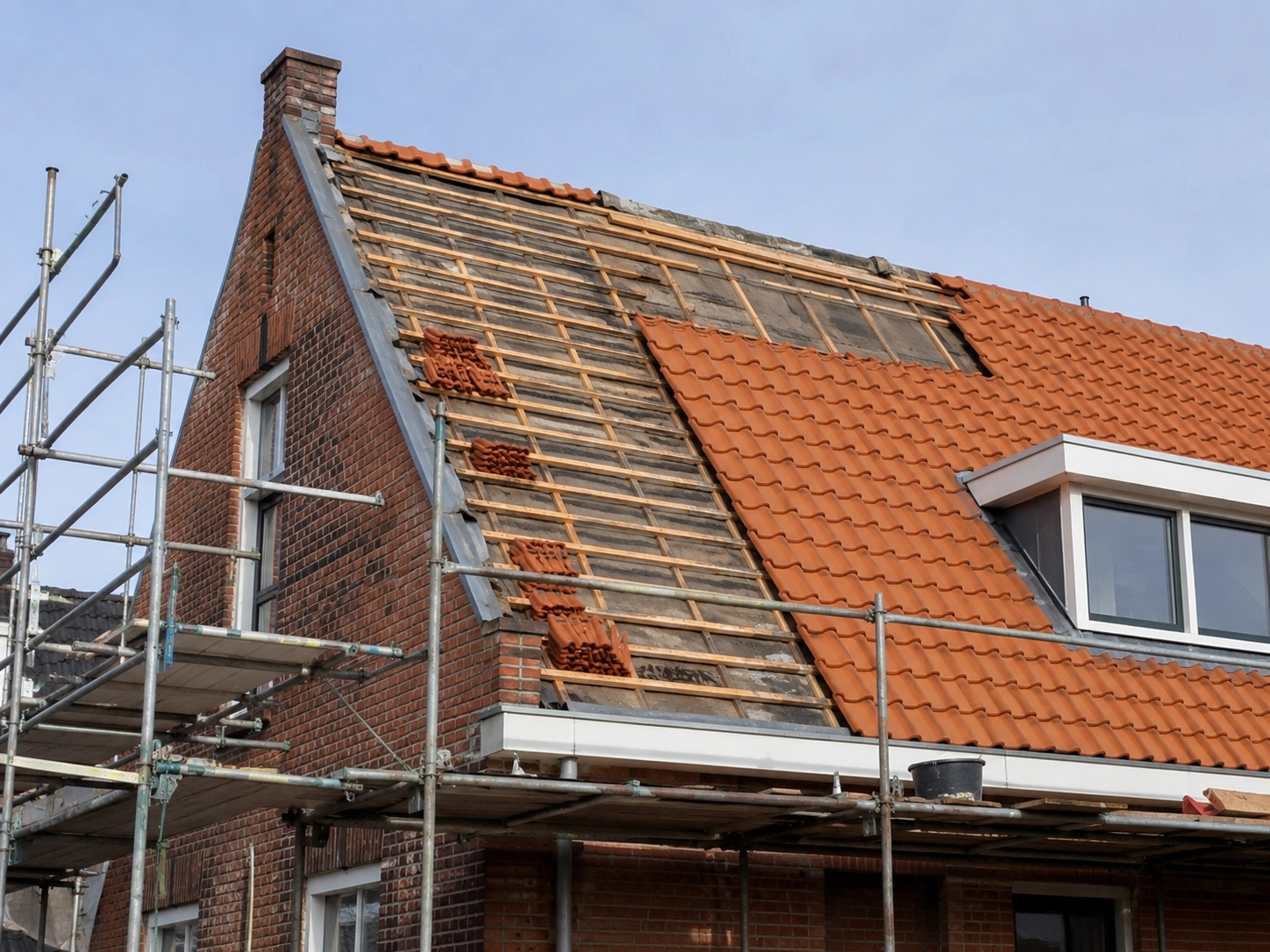 Pannendak waarvan een deel is vrijgemaakt voor vervanging met steiger erlangs