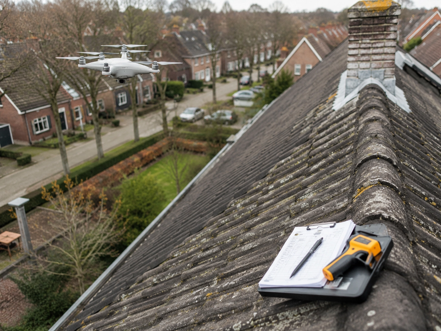 Dakinspectie met drone, checklist en vochtmeter op een pannendak