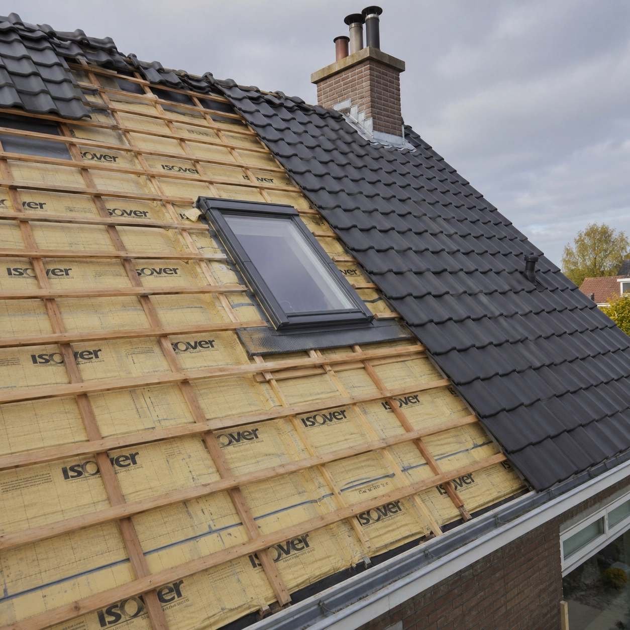 Hellend dak met isolatie tussen de panlatten en een dakraam